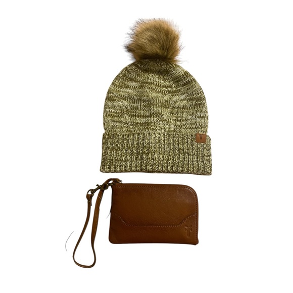 Frye Olive Knit Beanie with Pom and Brown Leather Wristlet - Picture 1 of 7